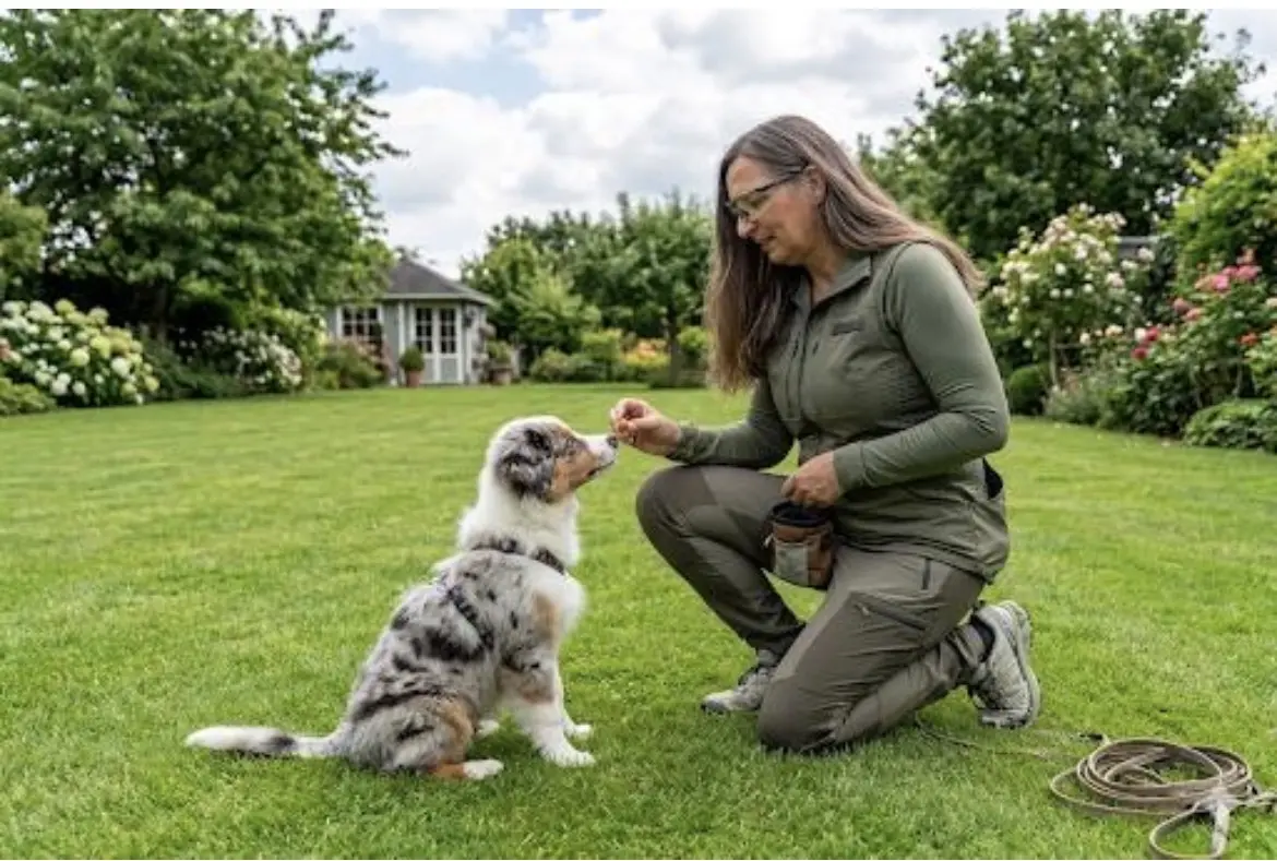 Monika Schatz begleitet einen Australian-Shepherd-Welpen im Training.